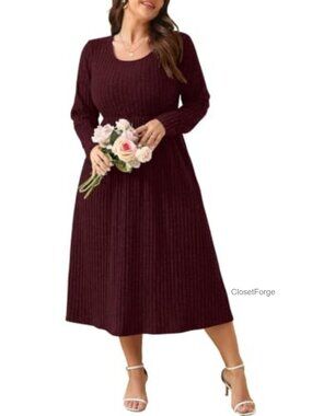 Plus Size Sweater Dress Long Sleeve Scoop Neck Midi Fall Casual Pockets